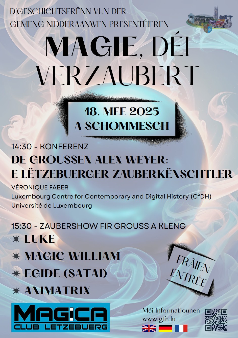 Erste Seite des Flyers Magie, déi verzaubert